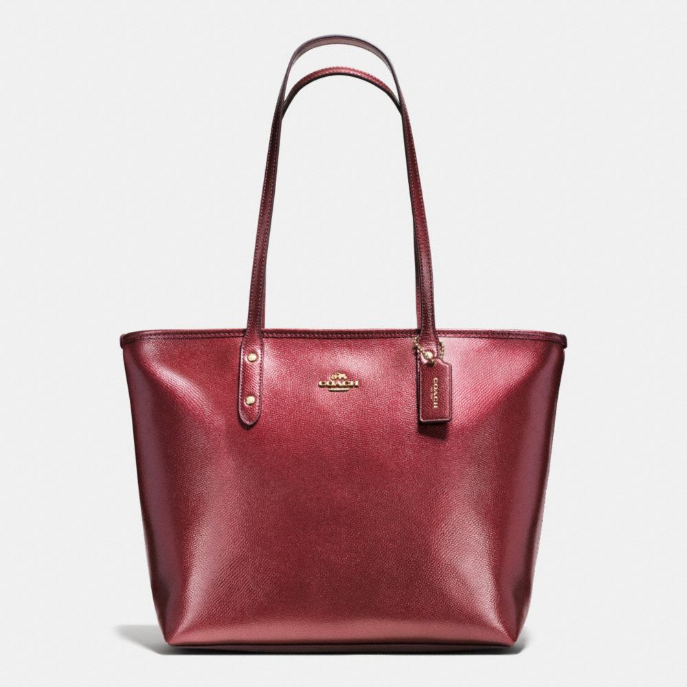 COACH CITY ZIP TOTE IN METALLIC CROSSGRAIN LEATHER - IMITATION GOLD/METALLIC CHERRY - f56129