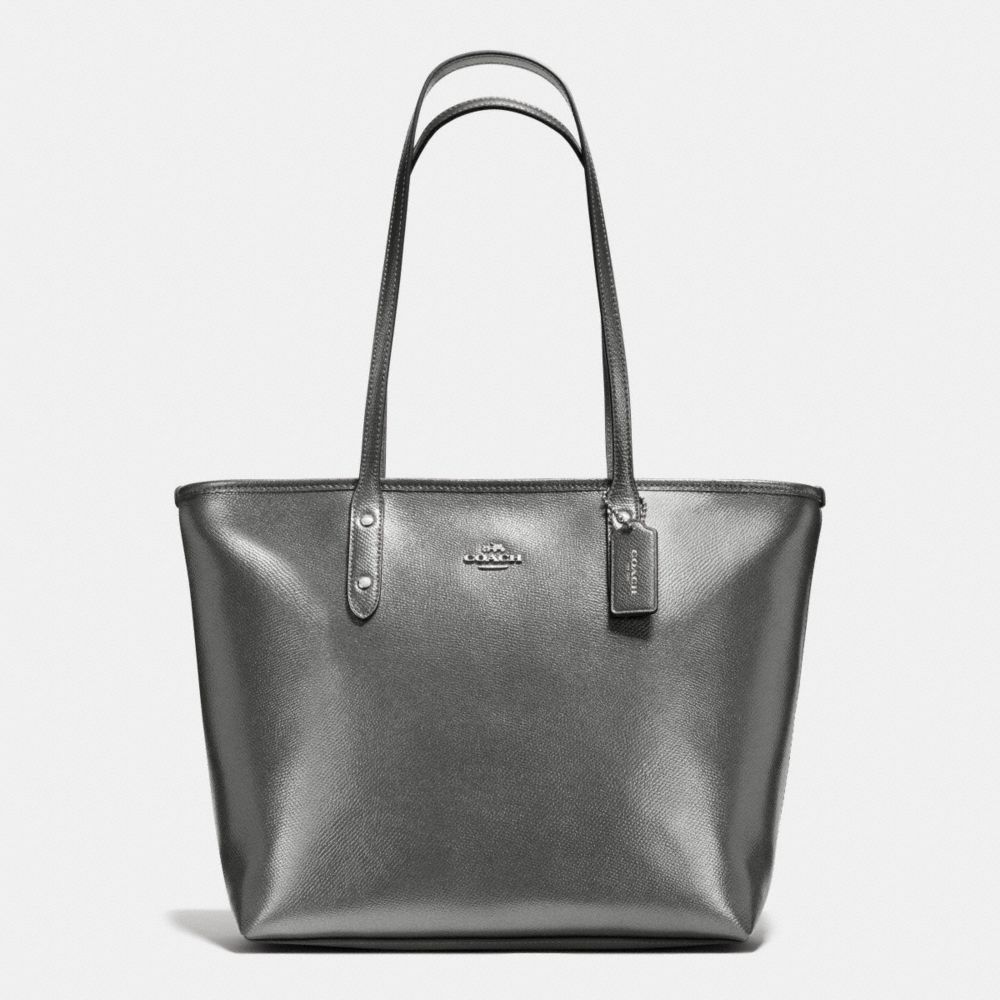 CITY ZIP TOTE IN METALLIC CROSSGRAIN LEATHER - f56129 - SILVER/GUNMETAL