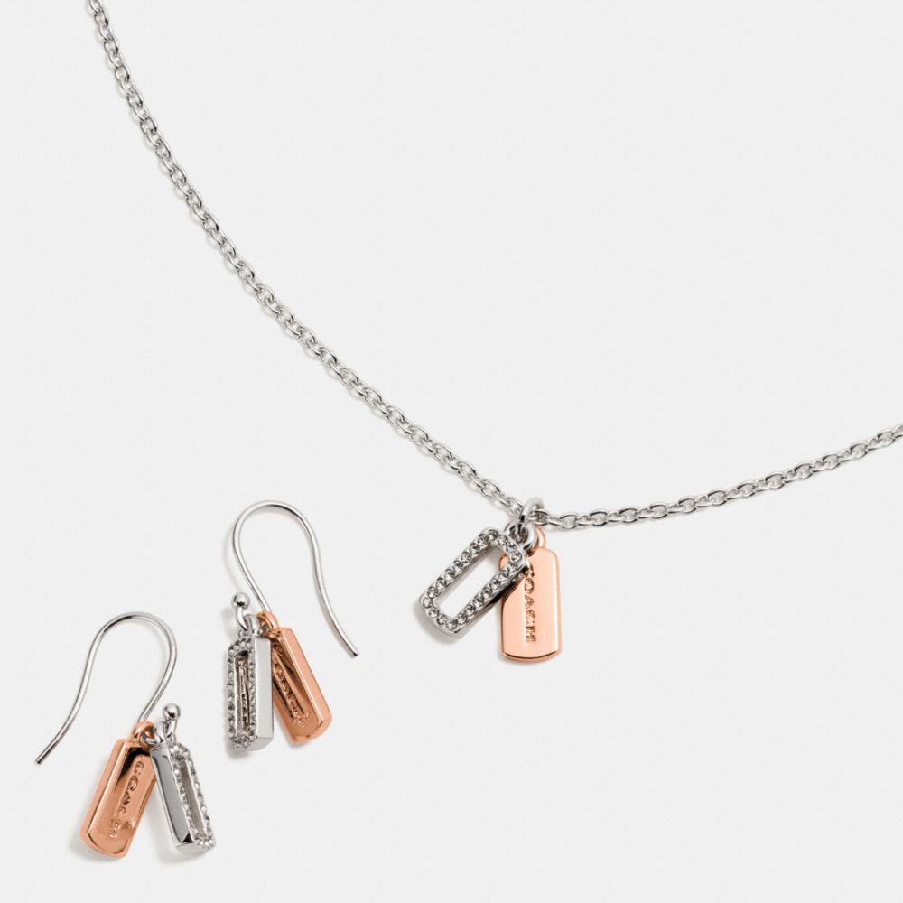 COACH F56436 - BOXED HANGTAG CHARM NECKLACE AND EARRING SET SILVER/ROSEGOLD