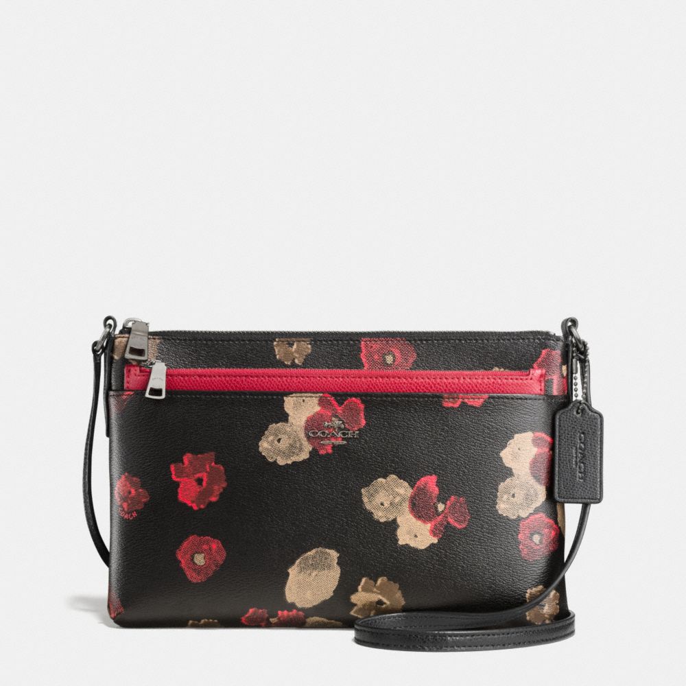 COACH F56463 East/west Crossbody With Pop Up Pouch In Halftone Floral Print Coated Canvas ANTIQUE NICKEL/BLACK MULTI