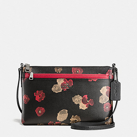 COACH EAST/WEST CROSSBODY WITH POP UP POUCH IN HALFTONE FLORAL PRINT COATED CANVAS - ANTIQUE NICKEL/BLACK MULTI - f56463