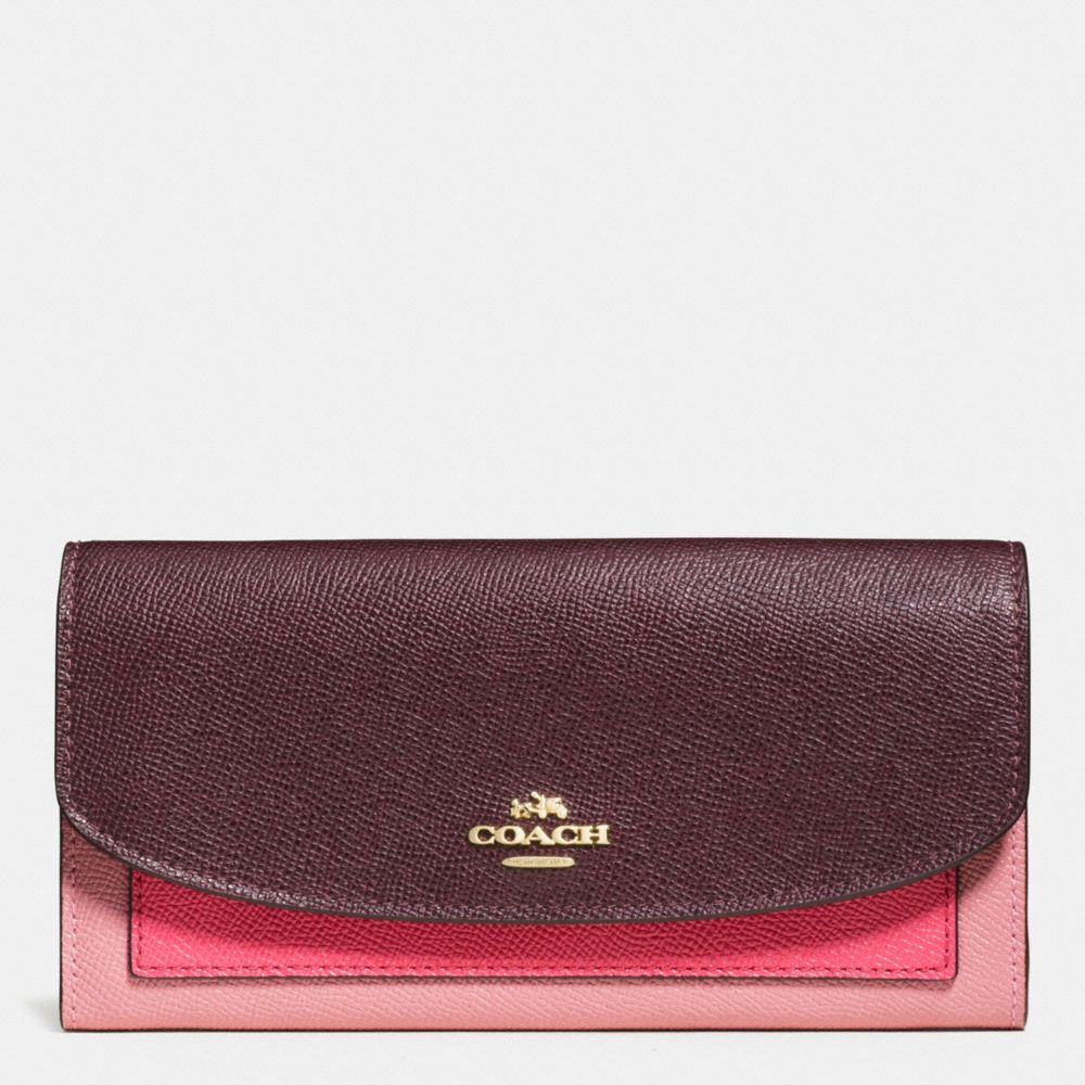 COACH SLIM ENVELOPE WALLET IN GEOMETRIC COLORBLOCK CROSSGRAIN LEATHER - IMITATION GOLD/STRAWBERRY/OXBLOOD MULTI - f56492