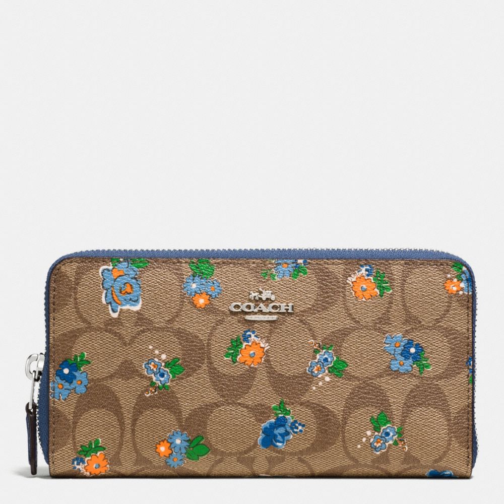 COACH F56496 ACCORDION ZIP WALLET IN FLORAL LOGO PRINT COATED CANVAS SILVER/KHAKI-BLUE-MULTI