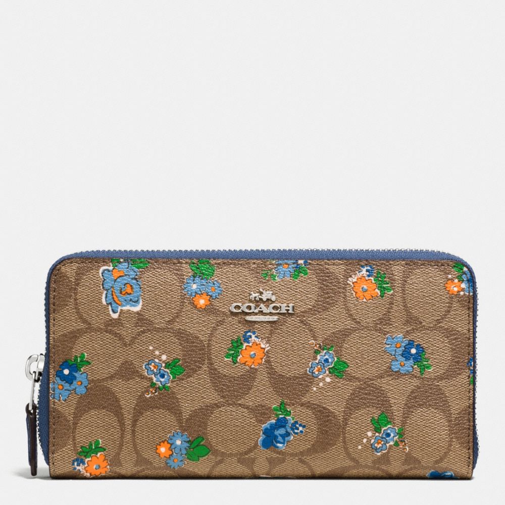 COACH f56496 ACCORDION ZIP WALLET IN FLORAL LOGO PRINT COATED CANVAS SILVER/KHAKI BLUE MULTI