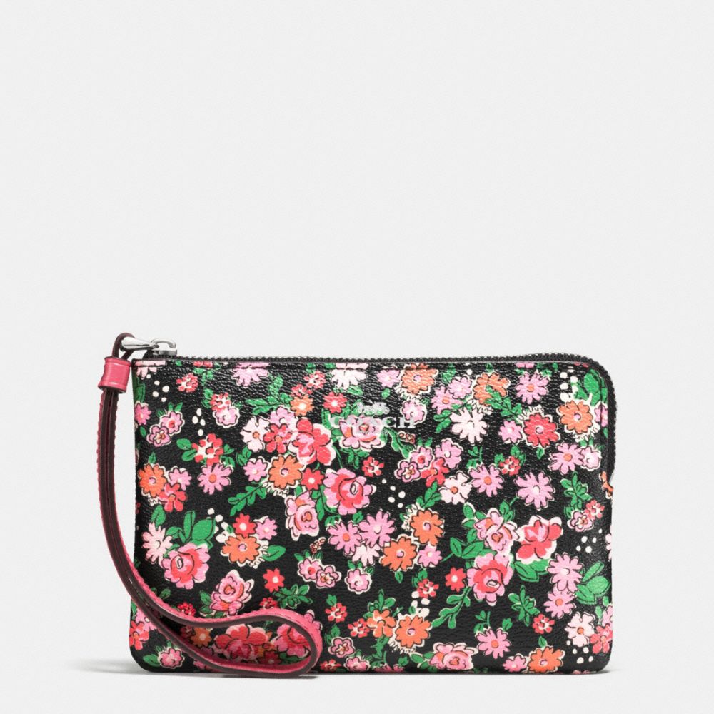 COACH F56504 Corner Zip Wristlet In Posey Cluster Floral Print Coated Canvas SILVER/PINK MULTI