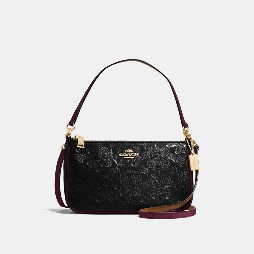 TOP HANDLE POUCH IN SIGNATURE DEBOSSED PATENT LEATHER - f56518 - IMITATION GOLD/BLACK OXBLOOD