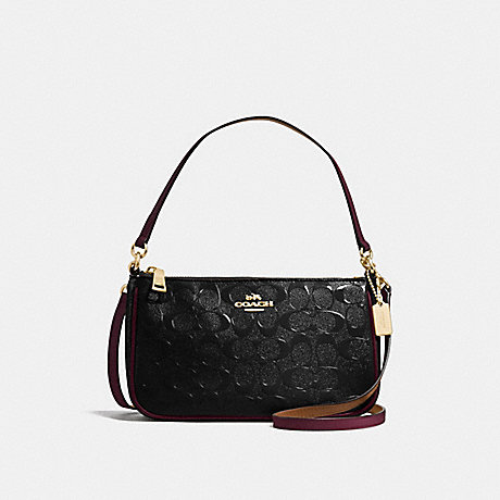 COACH f56518 TOP HANDLE POUCH IN SIGNATURE DEBOSSED PATENT LEATHER IMITATION GOLD/BLACK OXBLOOD