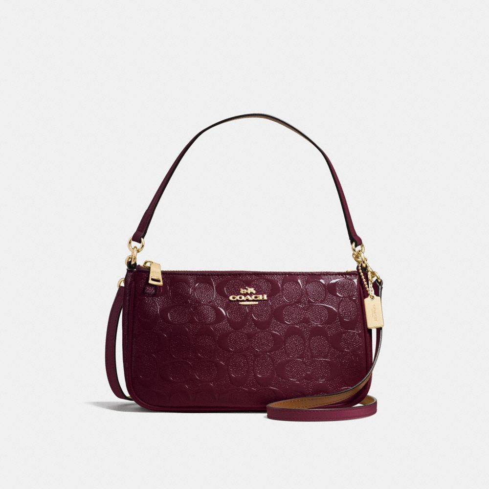 TOP HANDLE POUCH IN SIGNATURE DEBOSSED PATENT LEATHER - f56518 - IMITATION GOLD/OXBLOOD 1