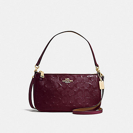 COACH F56518 TOP HANDLE POUCH IN SIGNATURE DEBOSSED PATENT LEATHER IMITATION-GOLD/OXBLOOD-1