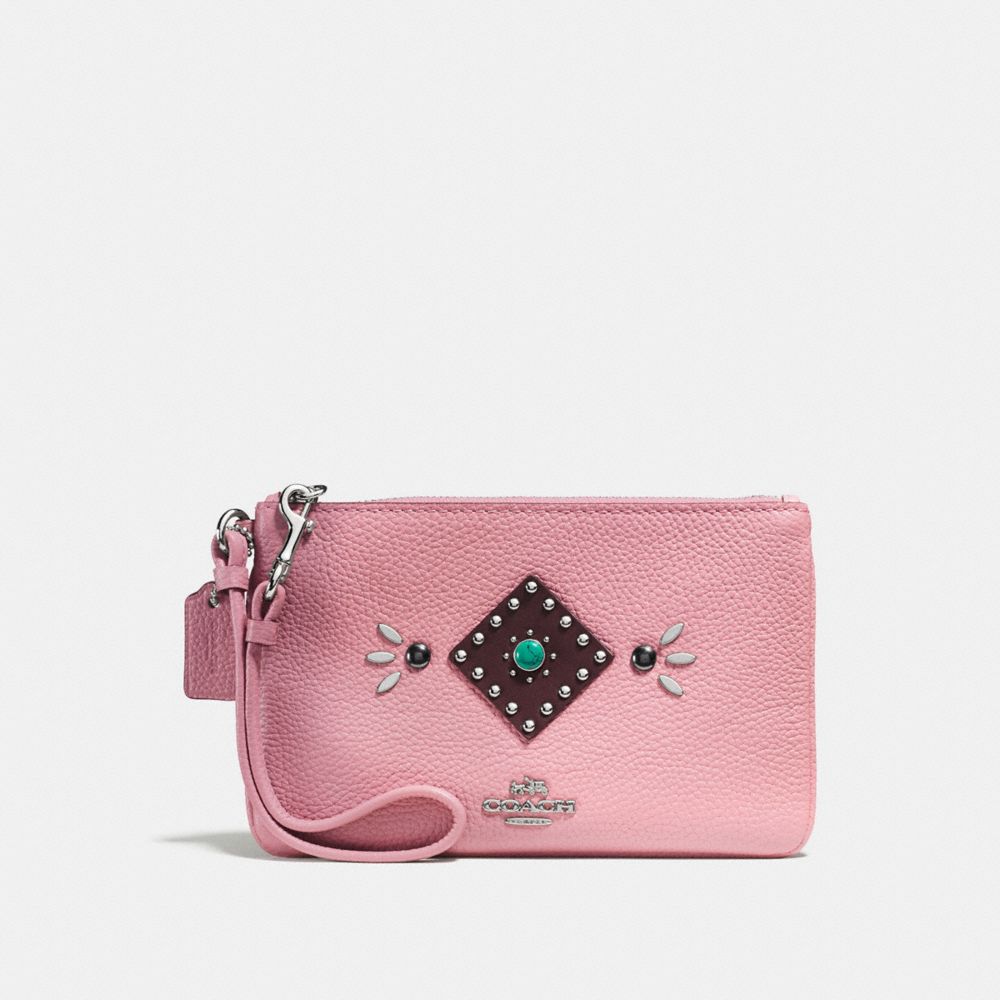 COACH F56530 Small Wristlet In Polished Pebble Leather With Western Rivets SILVER/PINK