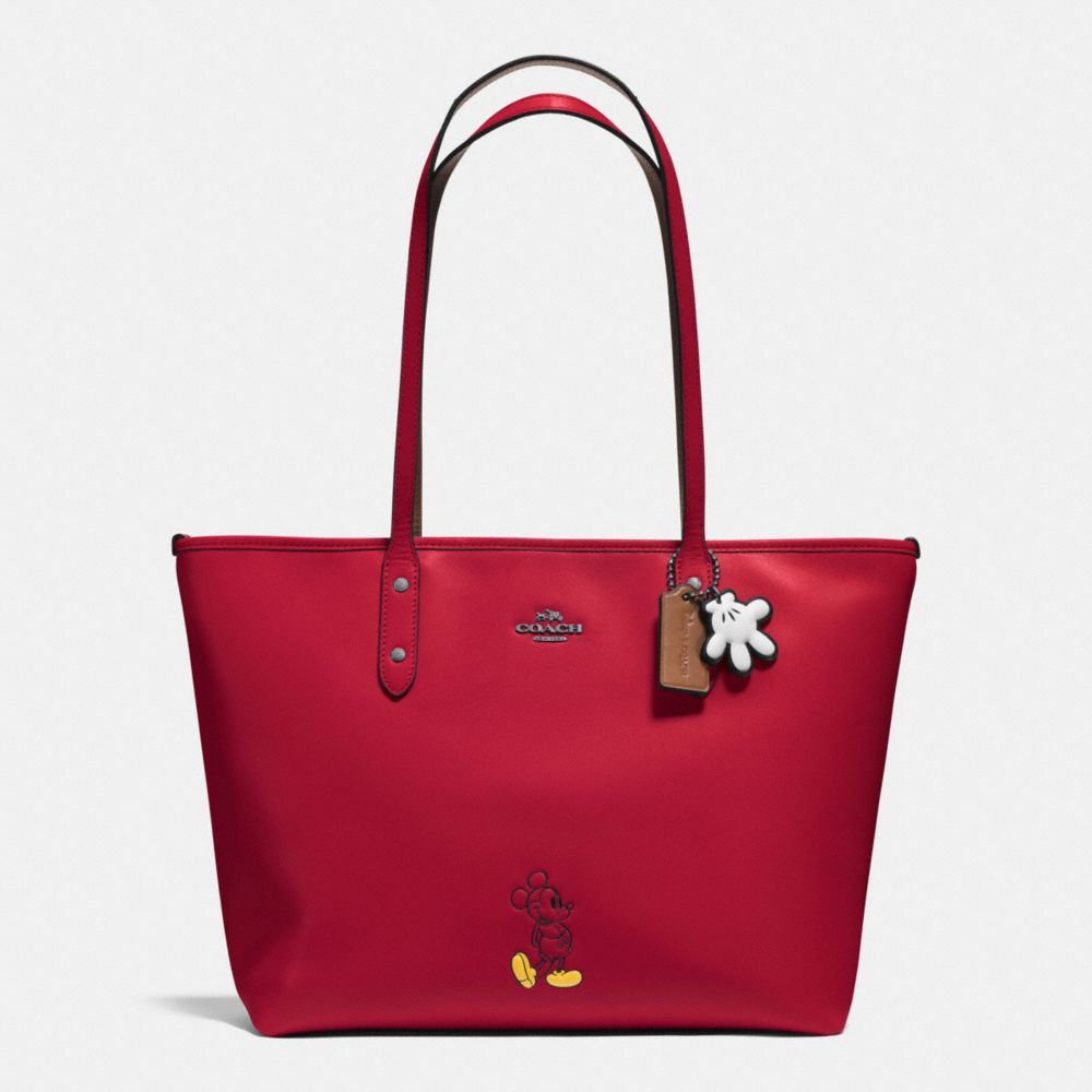 COACH f56645 MICKEY CITY TOTE IN CALF LEATHER DARK GUNMETAL/RED