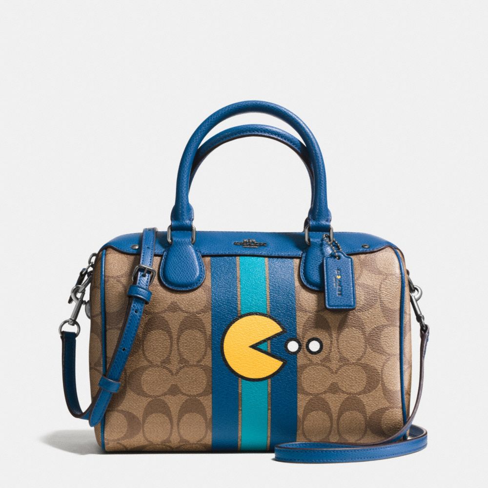 COACH f56648 MINI BENNETT SATCHEL IN SIGNATURE PAC MAN PRINT COATED CANVAS BLACK ANTIQUE/KHAKI DENIM