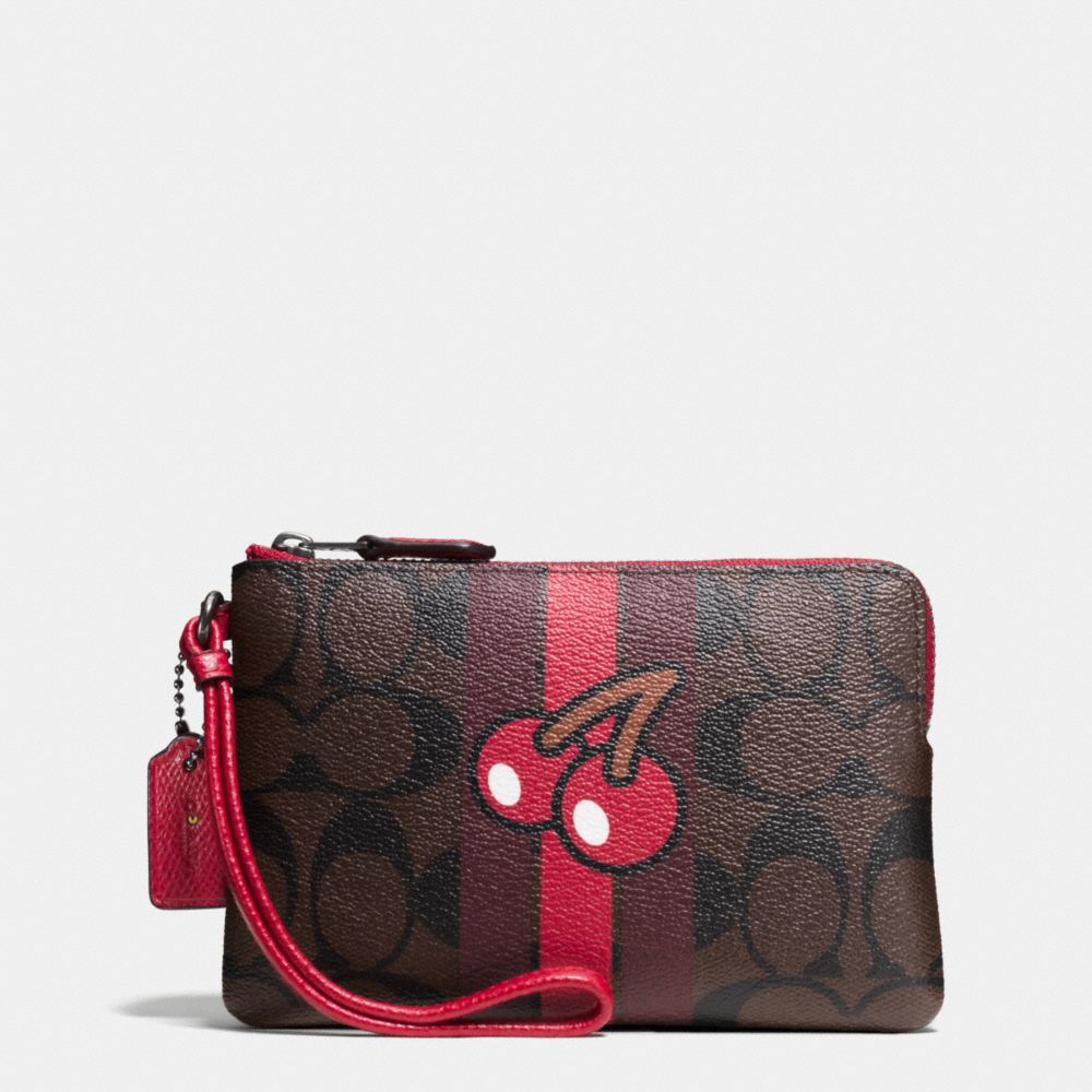 COACH F56715 PAC MAN CORNER ZIP WRISTLET IN SIGNATURE IMITATION-GOLD/BROWN-TRUE-RED