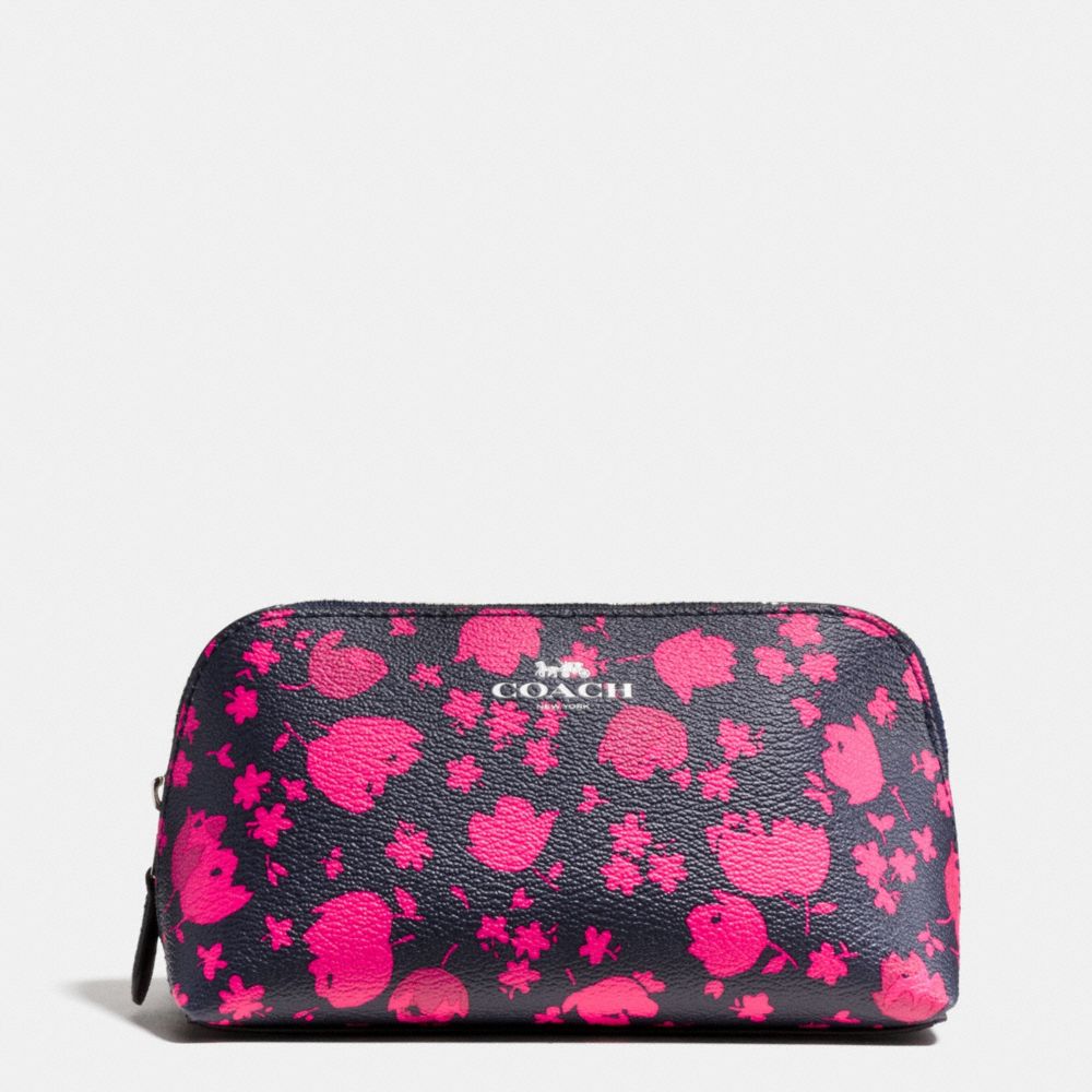 COSMETIC CASE 17 IN PRAIRIE CALICO FLORAL PRINT CANVAS - f56726 - SILVER/MIDNIGHT PINK RUBY