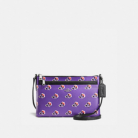 COACH F56837 EAST/WEST CROSSBODY WITH POP UP POUCH IN BRAMBLE ROSE PRINT CANVAS SILVER/PURPLE