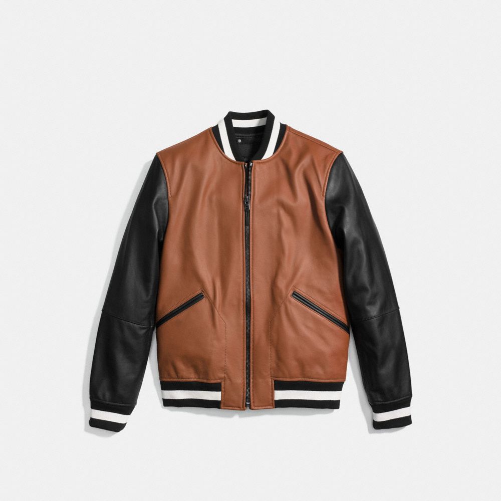 COACH F56869 Leather Varsity Jacket DARK SADDLE/BLACK