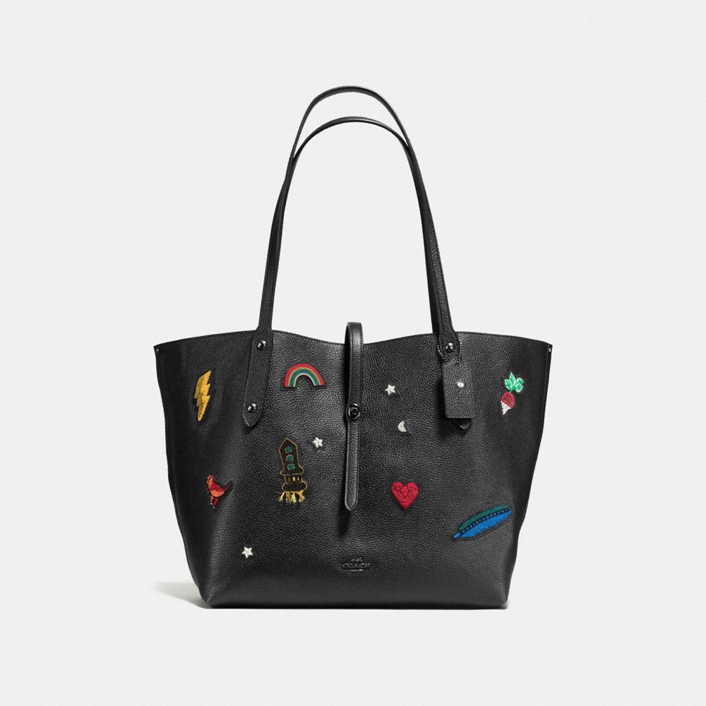 COACH F57077 MARKET TOTE WITH SOUVENIR EMBROIDERY BLACK/DARK-GUNMETAL