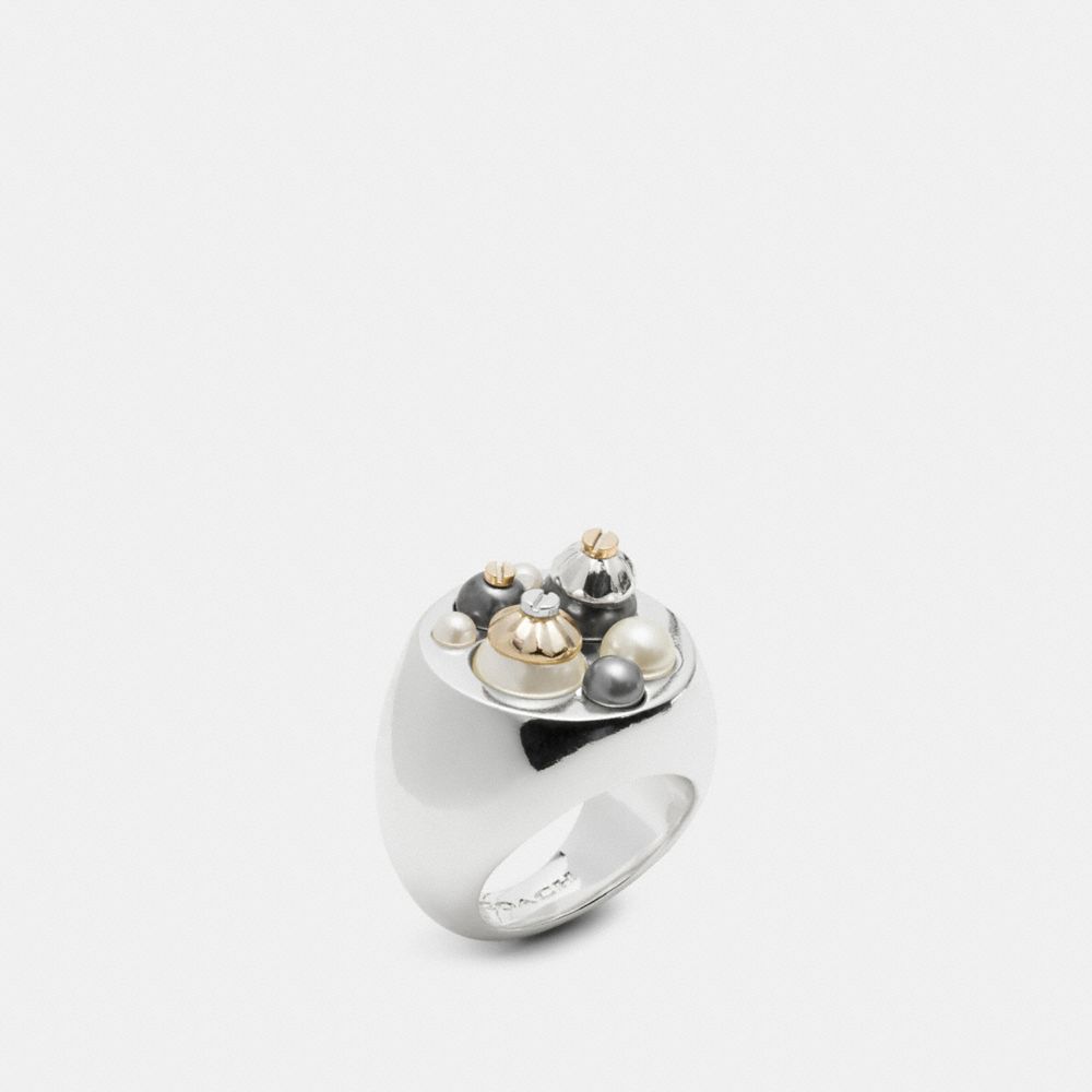 PEARL DAISY RIVET VARSITY RING - f57191 - GOLD/BLACK/WHITE