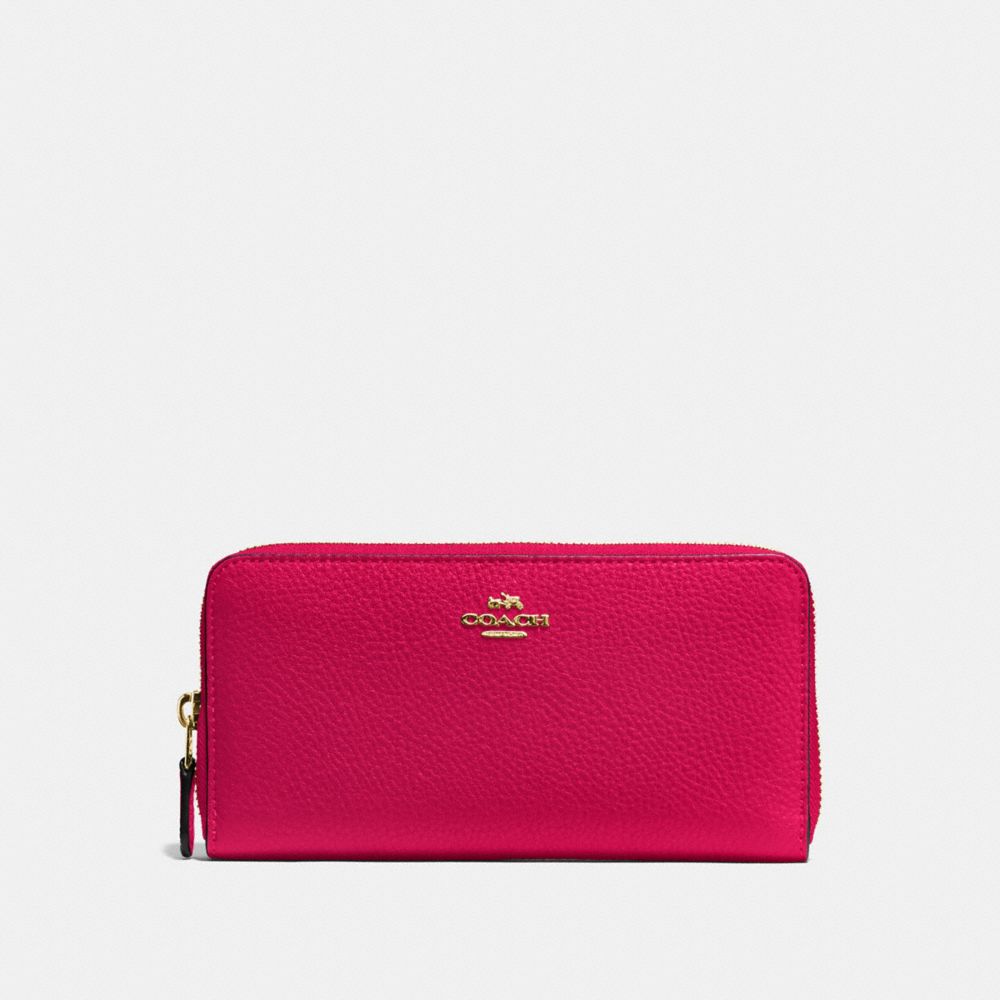 COACH ACCORDION ZIP WALLET IN PEBBLE LEATHER - IMITATION GOLD/BRIGHT PINK - f57215