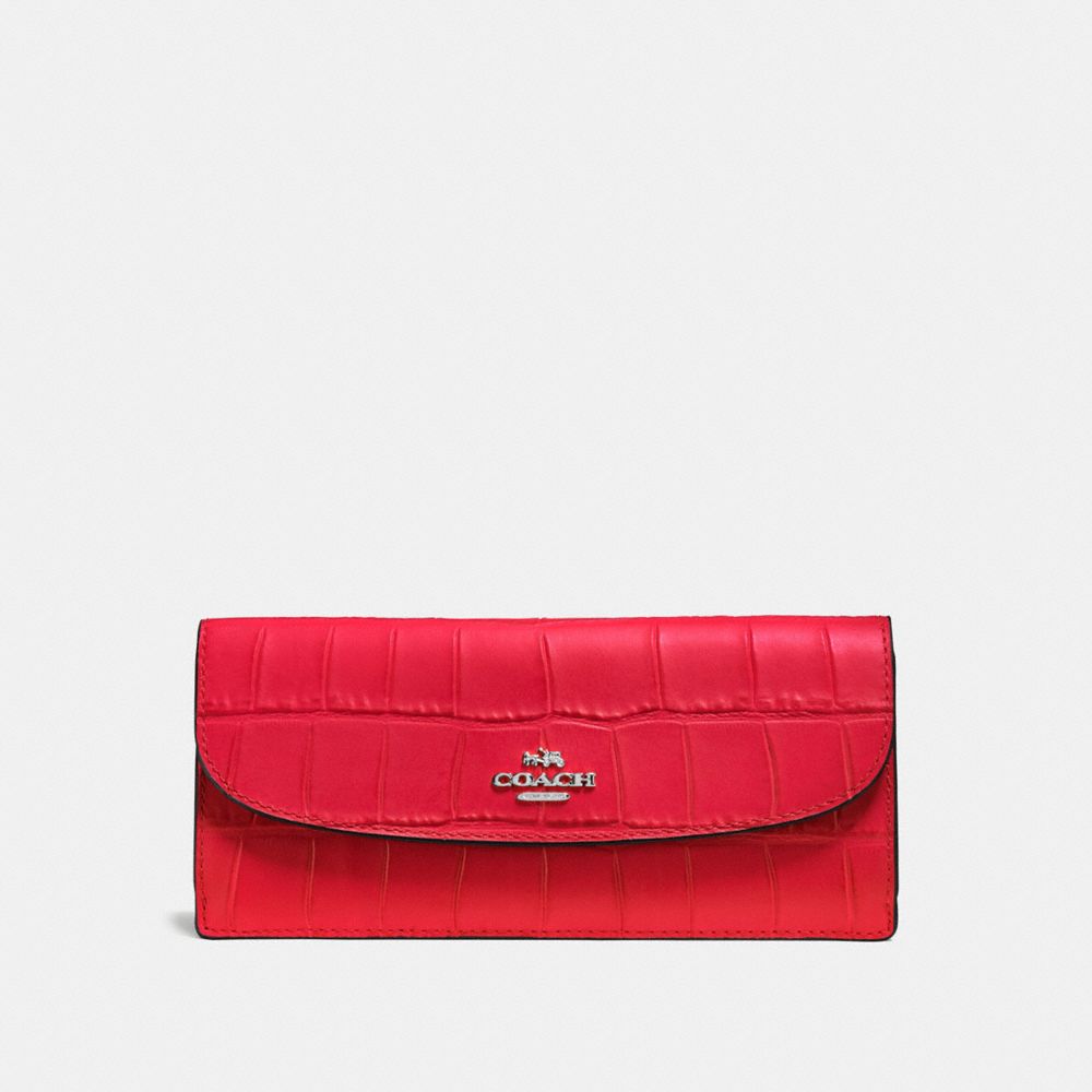 COACH F57217 Soft Wallet In Croc Embossed Leather SILVER/BRIGHT RED