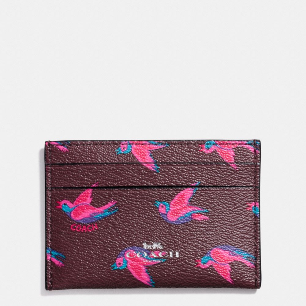 COACH F57227 Flat Card Case In Happy Bird Print Canvas SILVER/BURGUNDY OXBLOOD 1