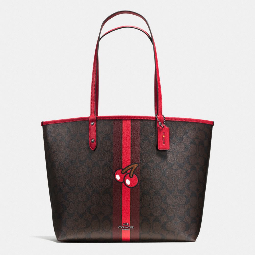 PAC MAN CHERRY REVERSIBLE TOTE IN SIGNATURE - IMITATION GOLD/BROWN TRUE RED - COACH F57278