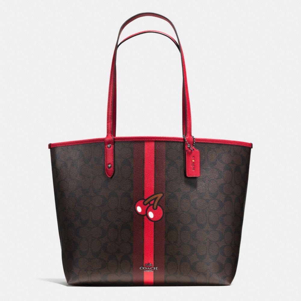 COACH f57278 PAC MAN CHERRY REVERSIBLE TOTE IN SIGNATURE IMITATION GOLD/BROWN TRUE RED