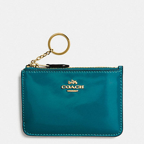 COACH f57310 KEY POUCH WITH GUSSET IN PATENT LEATHER IMITATION GOLD/ATLANTIC