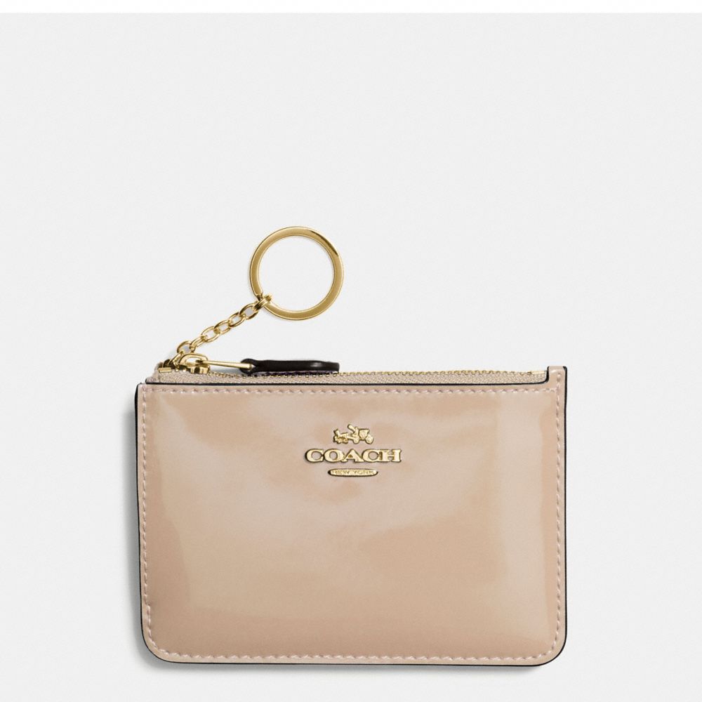 COACH f57310 KEY POUCH WITH GUSSET IN PATENT LEATHER IMITATION GOLD/PLATINUM