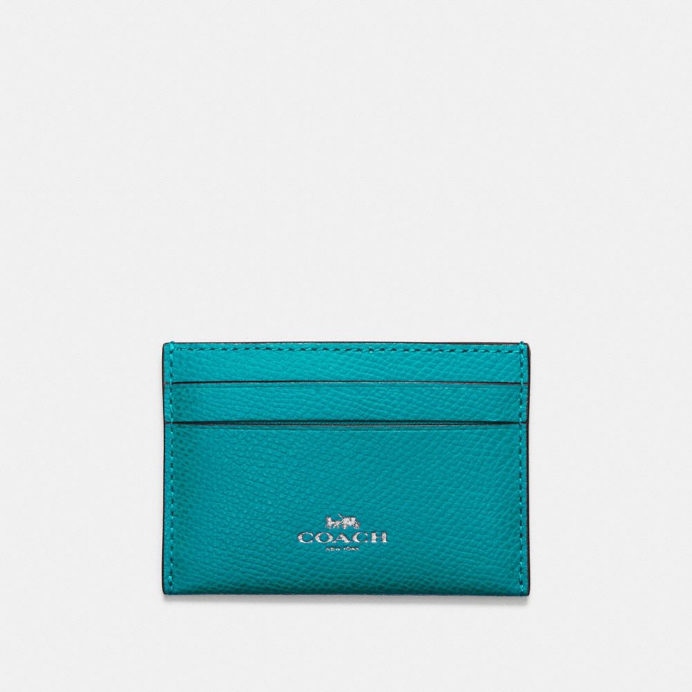 COACH F57312 Flat Card Case In Crossgrain Leather SILVER/TURQUOISE