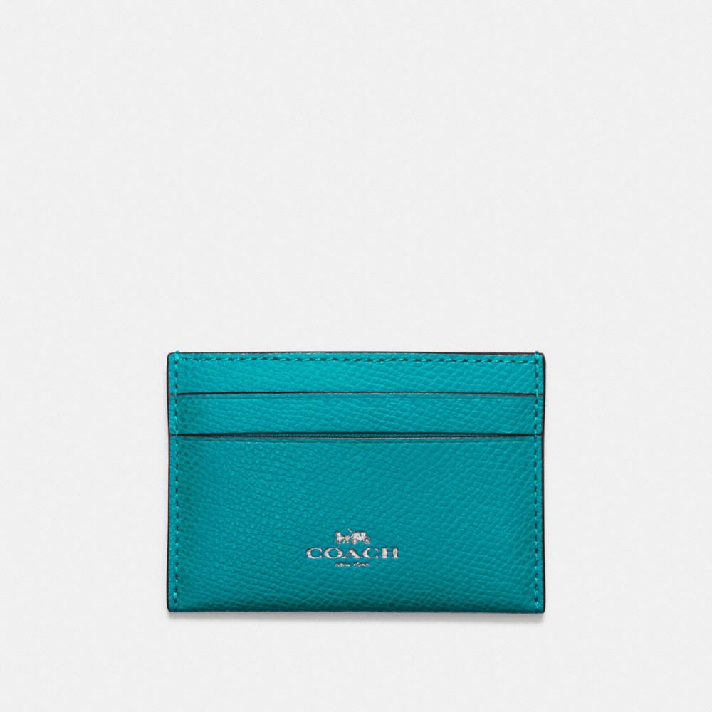 COACH f57312 FLAT CARD CASE IN CROSSGRAIN LEATHER SILVER/TURQUOISE