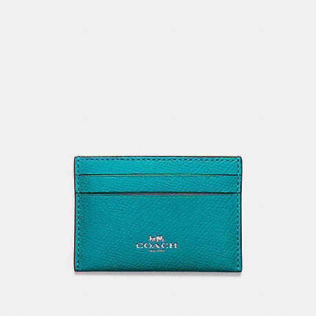 COACH F57312 FLAT CARD CASE IN CROSSGRAIN LEATHER SILVER/TURQUOISE