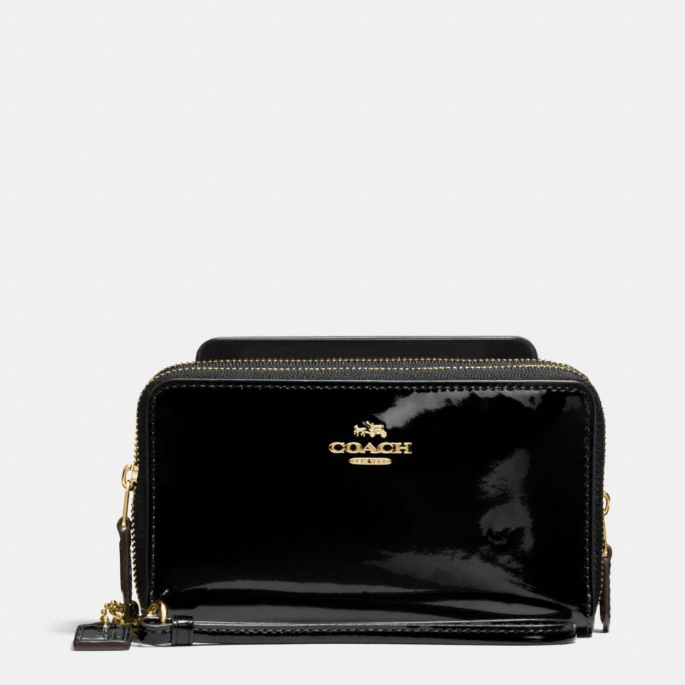 COACH F57314 Double Zip Phone Wallet In Patent Leather IMITATION GOLD/BLACK