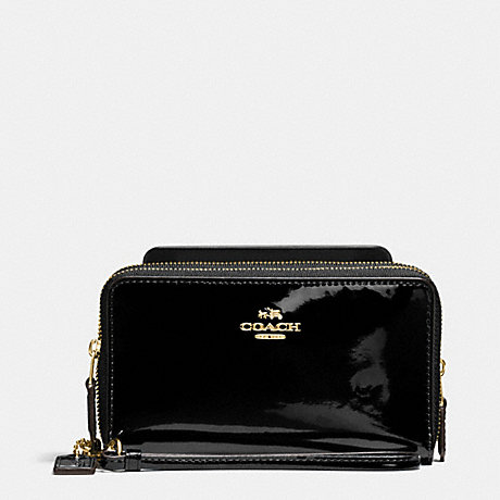 COACH f57314 DOUBLE ZIP PHONE WALLET IN PATENT LEATHER IMITATION GOLD/BLACK