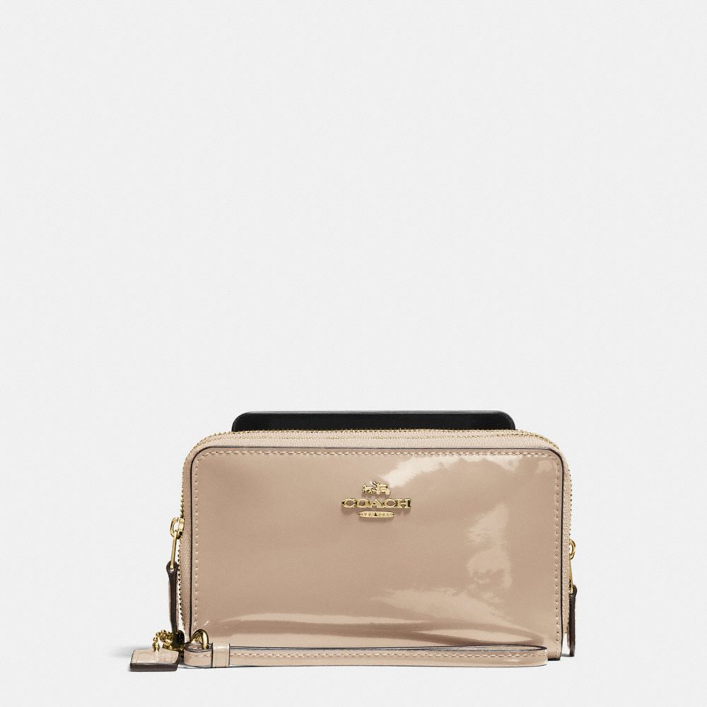 COACH f57314 DOUBLE ZIP PHONE WALLET IN PATENT LEATHER IMITATION GOLD/PLATINUM