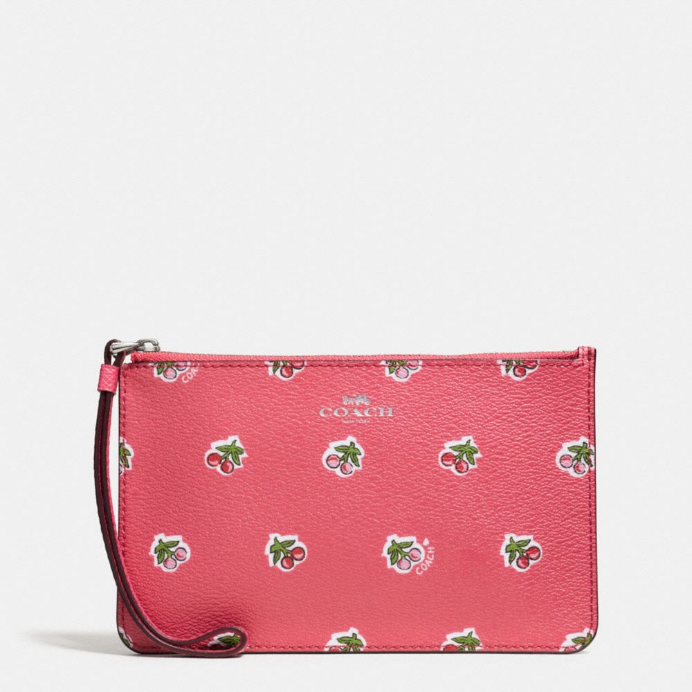 COACH F57317 Small Wristlet In Cherry Print Coated Canvas SILVER/PINK MULTI