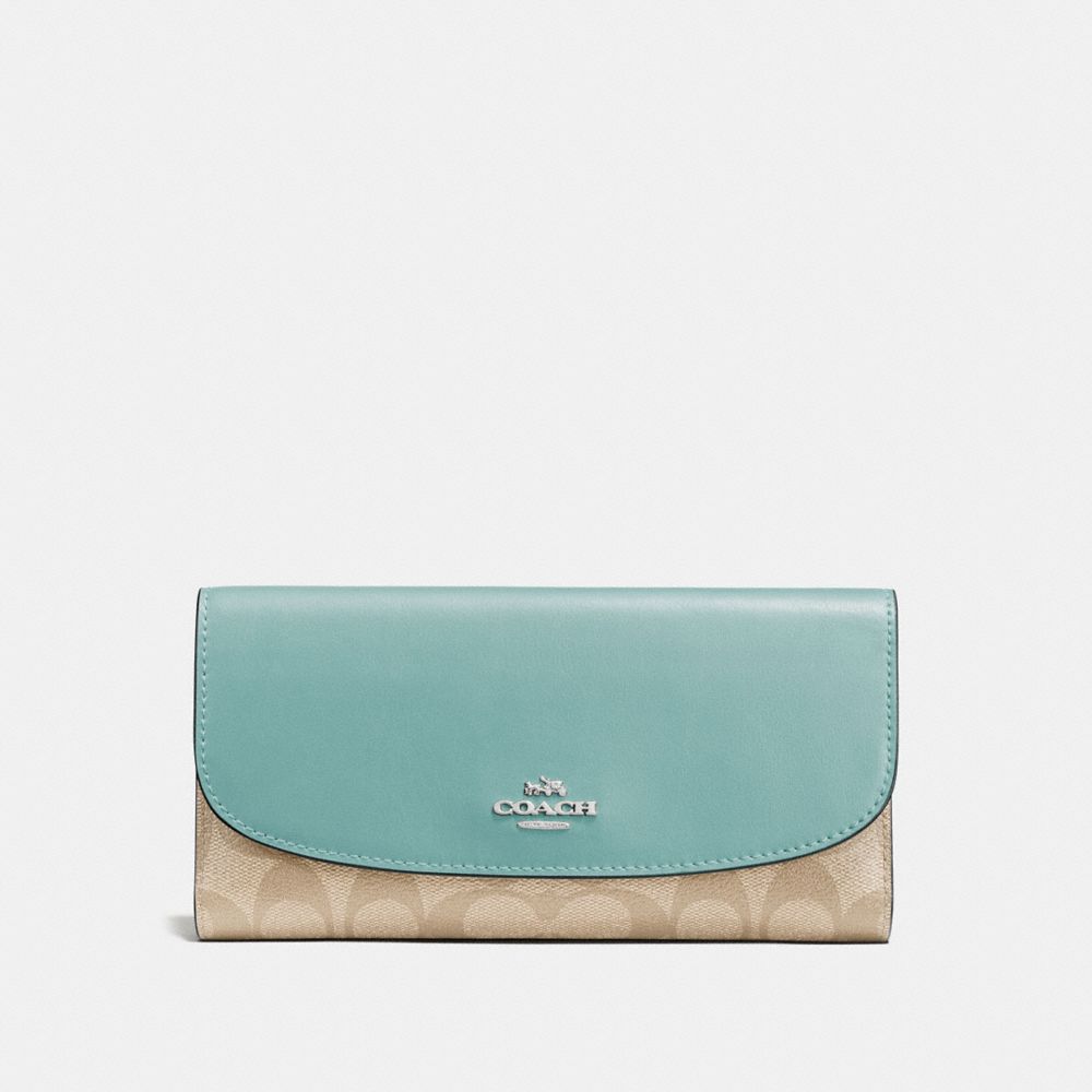 COACH F57319 - CHECKBOOK WALLET IN SIGNATURE CANVAS LIGHT KHAKI/AQUAMARINE/SILVER