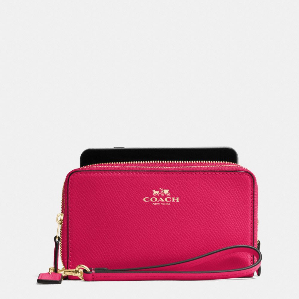 COACH f57467 DOUBLE ZIP PHONE WALLET IN CROSSGRAIN LEATHER IMITATION GOLD/BRIGHT PINK