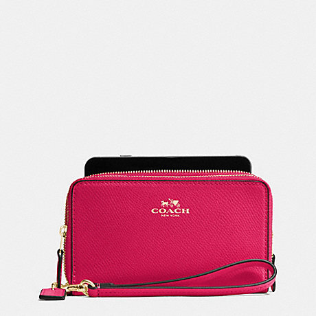 COACH F57467 DOUBLE ZIP PHONE WALLET IN CROSSGRAIN LEATHER IMITATION-GOLD/BRIGHT-PINK