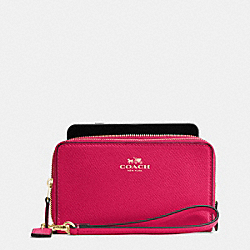 COACH F57467 Double Zip Phone Wallet In Crossgrain Leather IMITATION GOLD/BRIGHT PINK