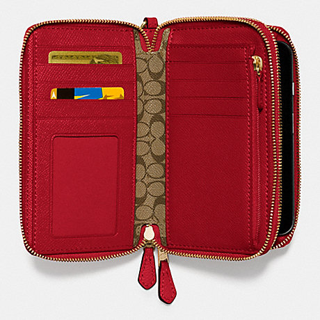 COACH f57467 DOUBLE ZIP PHONE WALLET IN CROSSGRAIN LEATHER IMITATION GOLD/TRUE RED