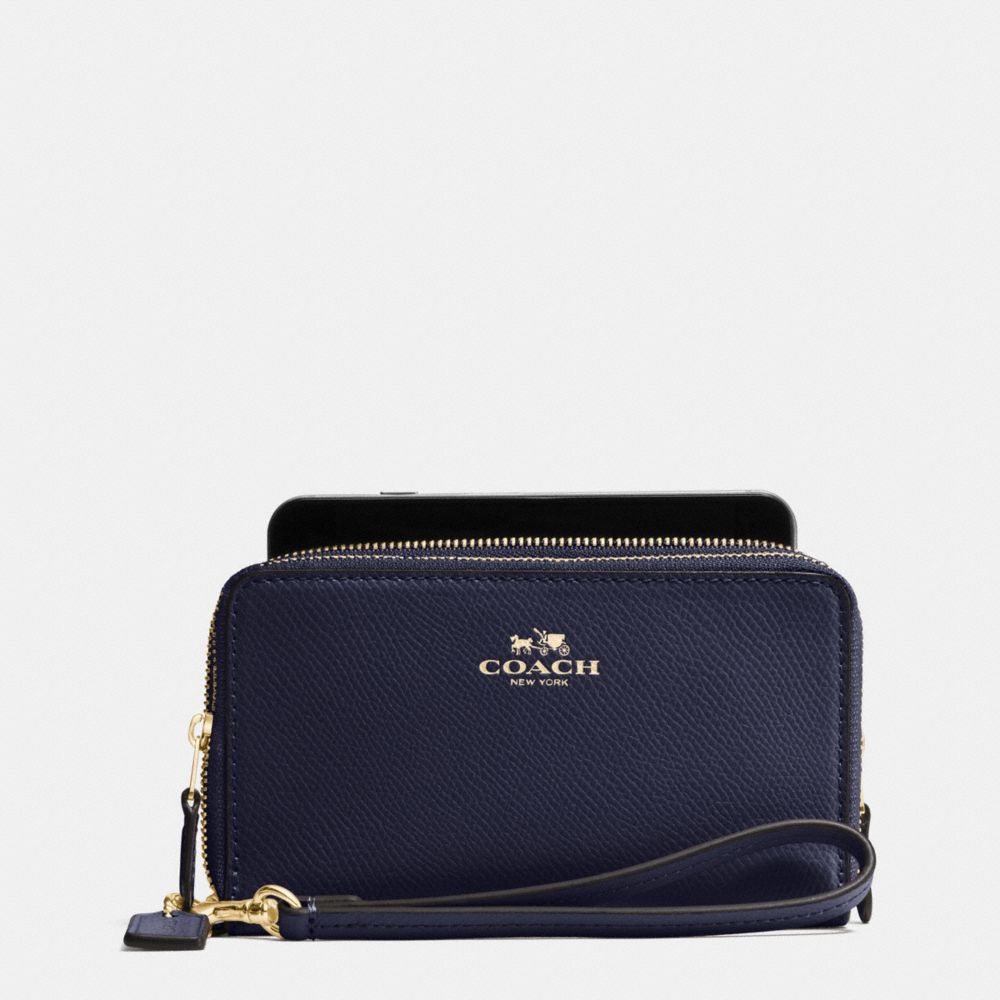 COACH F57467 Double Zip Phone Wallet In Crossgrain Leather IMITATION GOLD/MIDNIGHT