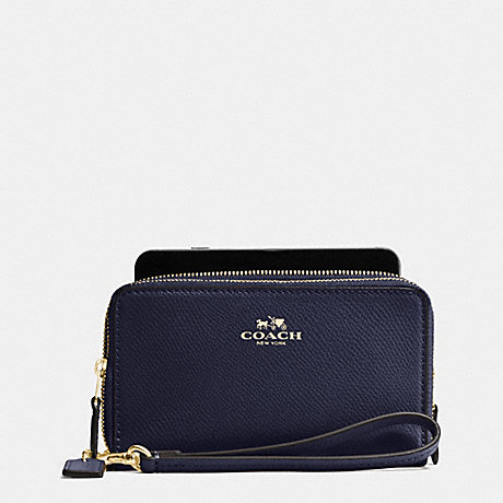 COACH f57467 DOUBLE ZIP PHONE WALLET IN CROSSGRAIN LEATHER IMITATION GOLD/MIDNIGHT