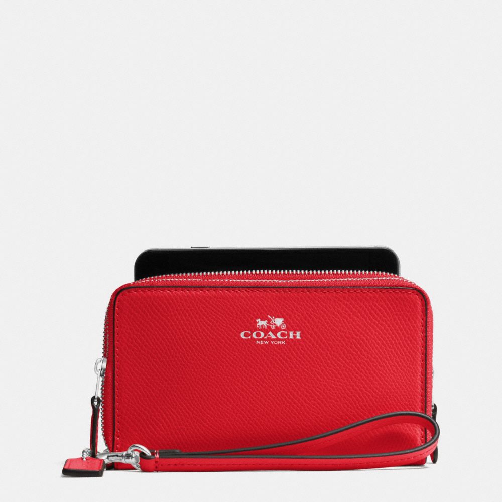 DOUBLE ZIP PHONE WALLET IN CROSSGRAIN LEATHER - SILVER/BRIGHT RED - COACH F57467