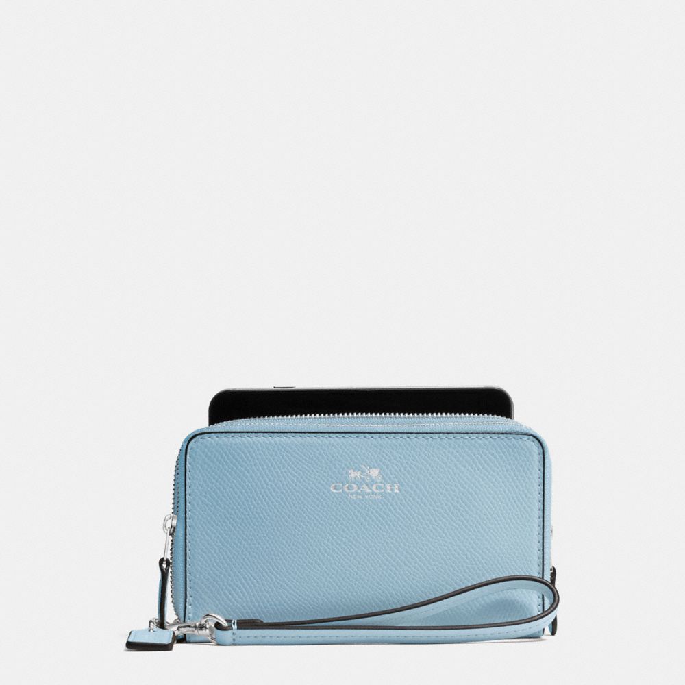 DOUBLE ZIP PHONE WALLET IN CROSSGRAIN LEATHER - SILVER/CORNFLOWER - COACH F57467