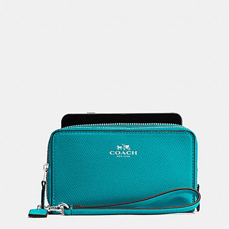 COACH F57467 DOUBLE ZIP PHONE WALLET IN CROSSGRAIN LEATHER SILVER/TURQUOISE