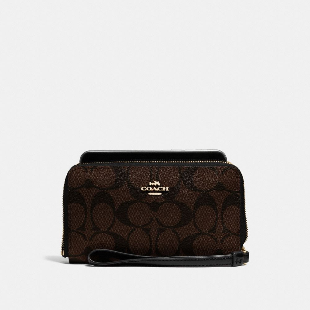 COACH F57468 - PHONE WALLET IN SIGNATURE CANVAS BROWN/BLACK/LIGHT GOLD