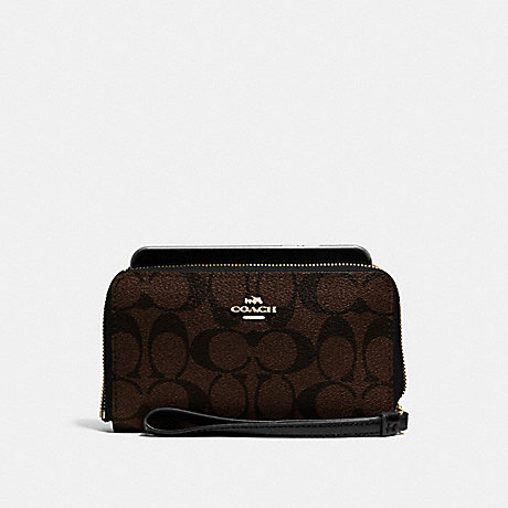 COACH F57468 PHONE WALLET IN SIGNATURE CANVAS BROWN/BLACK/LIGHT-GOLD