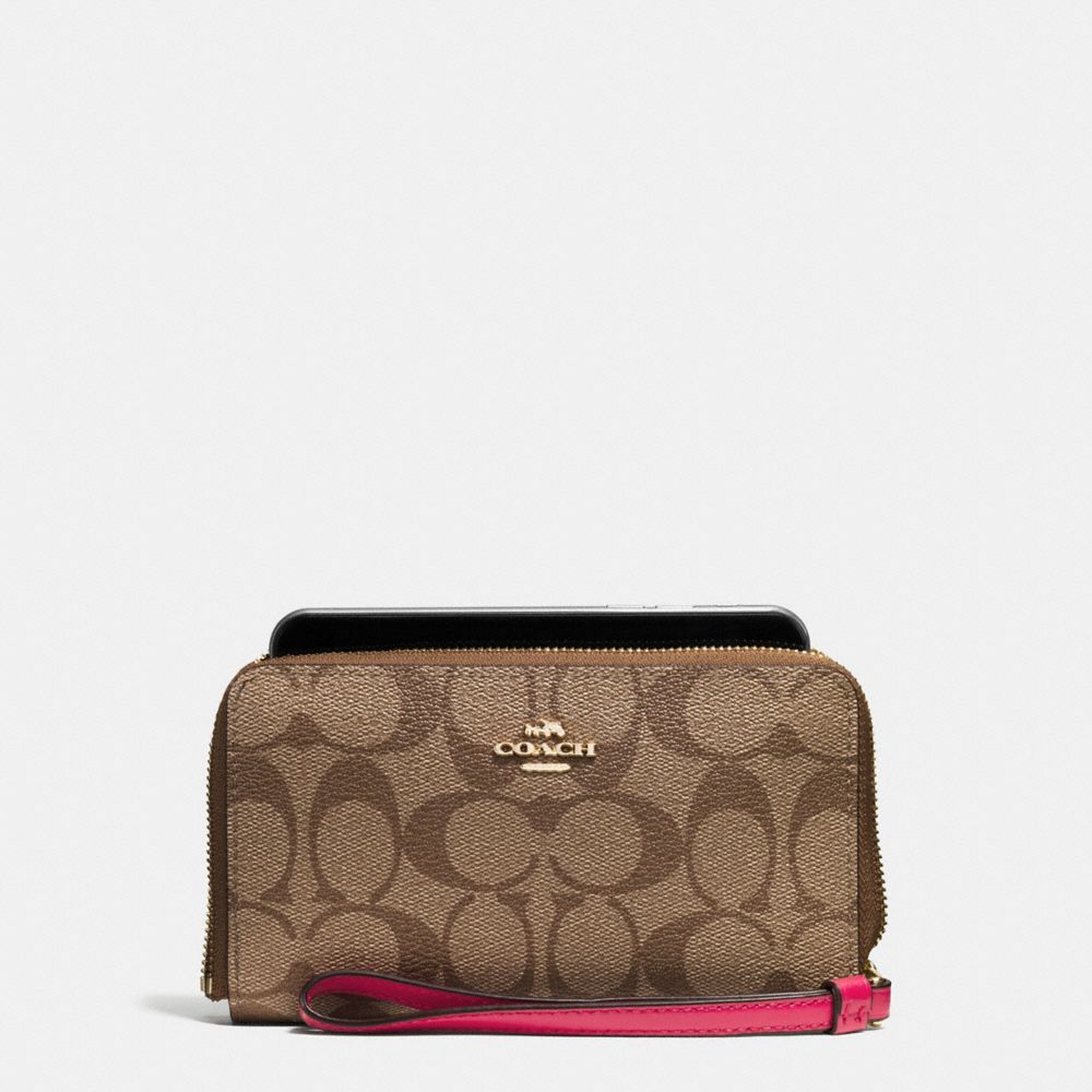 COACH F57468 Phone Wallet In Signature Coated Canvas IMITATION GOLD/KHAKI/BRIGHT PINK