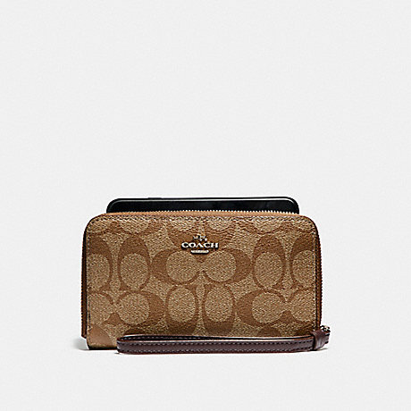 COACH PHONE WALLET IN SIGNATURE COATED CANVAS - LIGHT GOLD/KHAKI - f57468